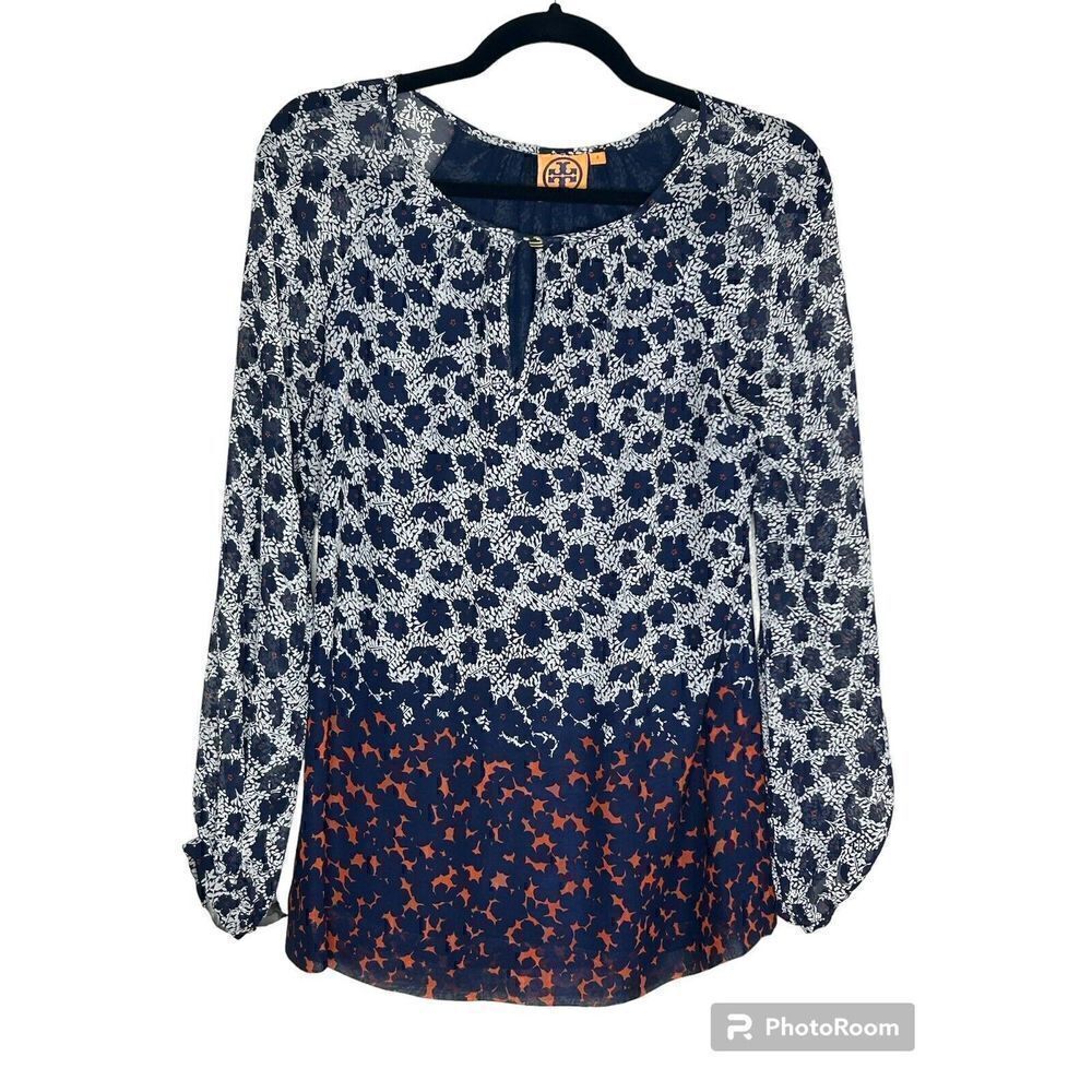 Tory Burch Womens Blouse Blue Floral Long Sleeve Button Cuff Keyhole Neck Top 2